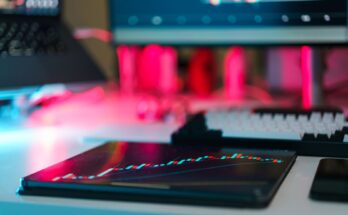 A close-up shot of a trading tablet displaying financial data with visualizations in a colorful setup.